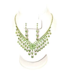 Lime Green Rhinestone Necklace/Earring Set Bib Style Gold Tone